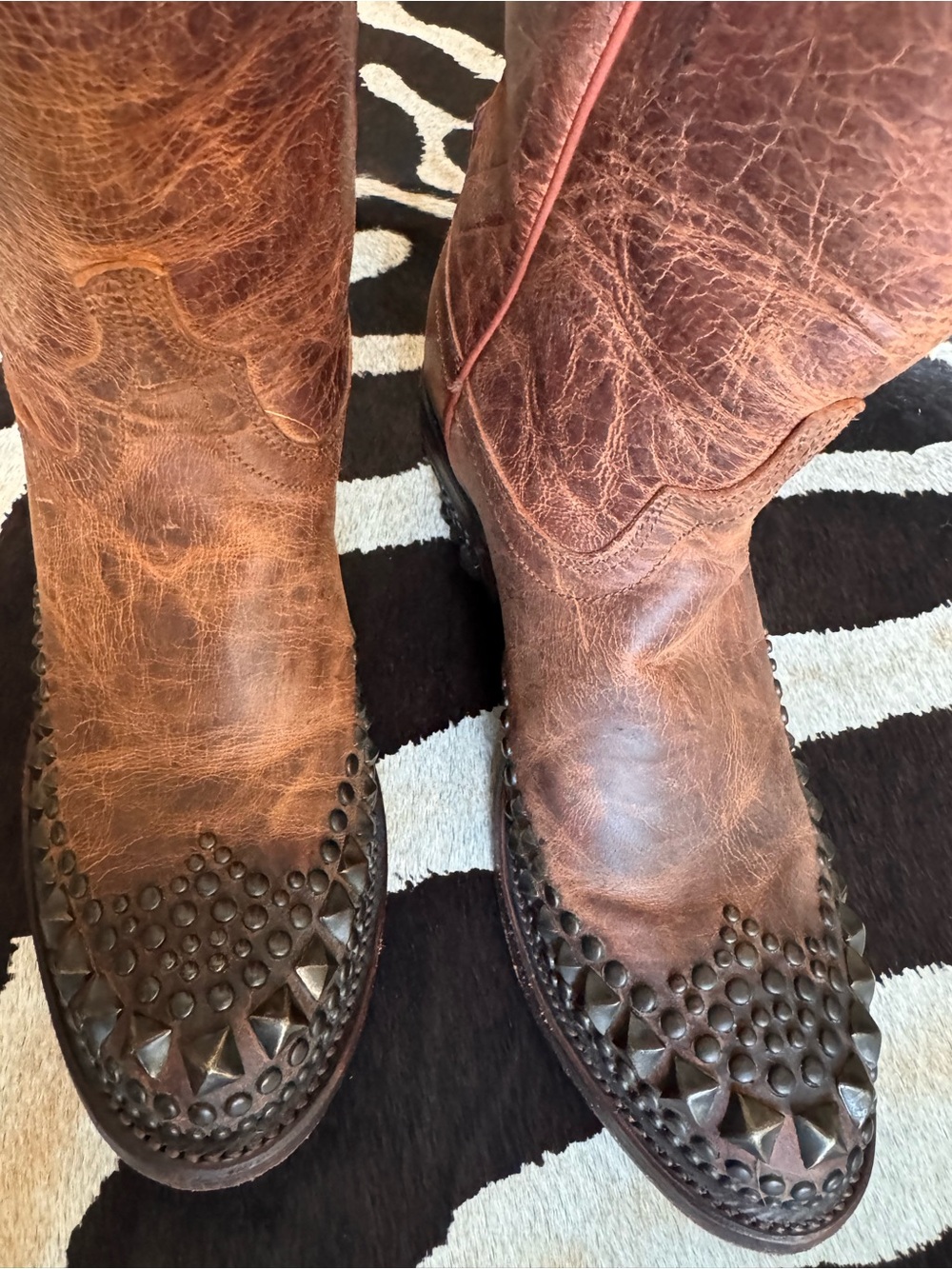 Lucchese Brown Studded Knee-High Heeled Boots - Picture 7 of 9